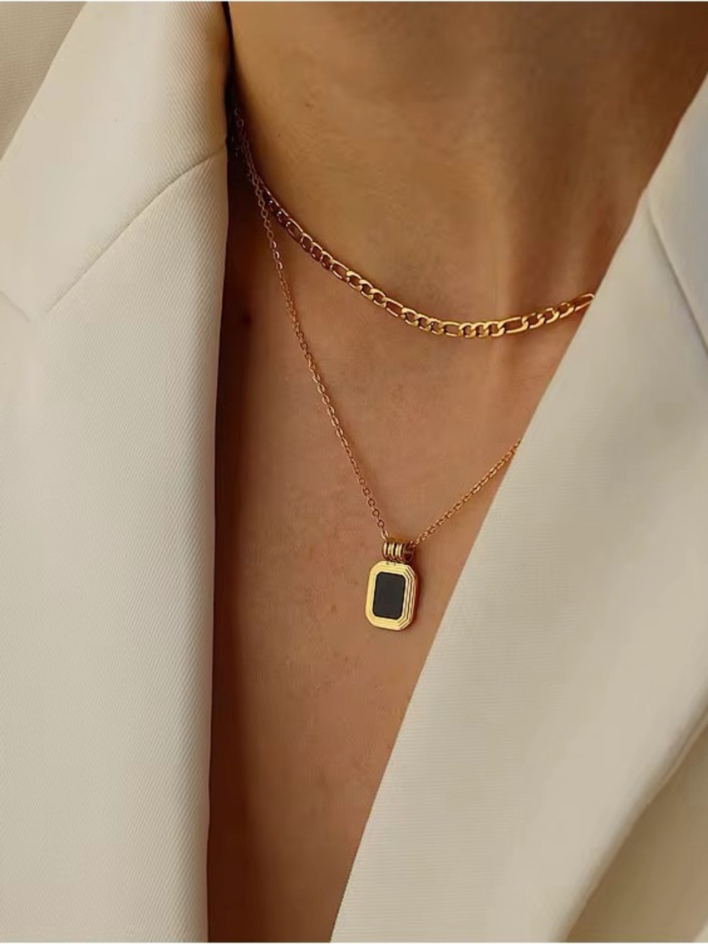 18K Gold Plated Double Layer Black Pendant Necklace